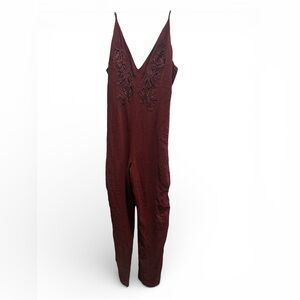 Leith Burgundy Lace Embroidered V-Neck Jumpsuit
